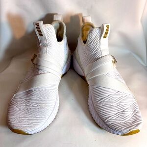 PUMA Sz 9.5 High Top White Textured Sneakers with Rise Gold Buckle Rubber Sole